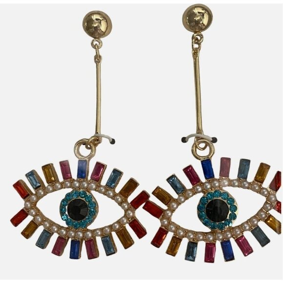 Noir Earrings Gold Tone Evil Eye Rhinestone Colorful Drop Dangle Sparkle NEW - Picture 2 of 9